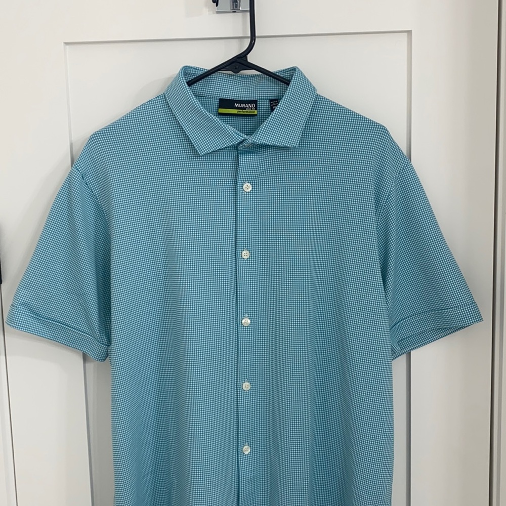 Green and white checkered button down golf shirt